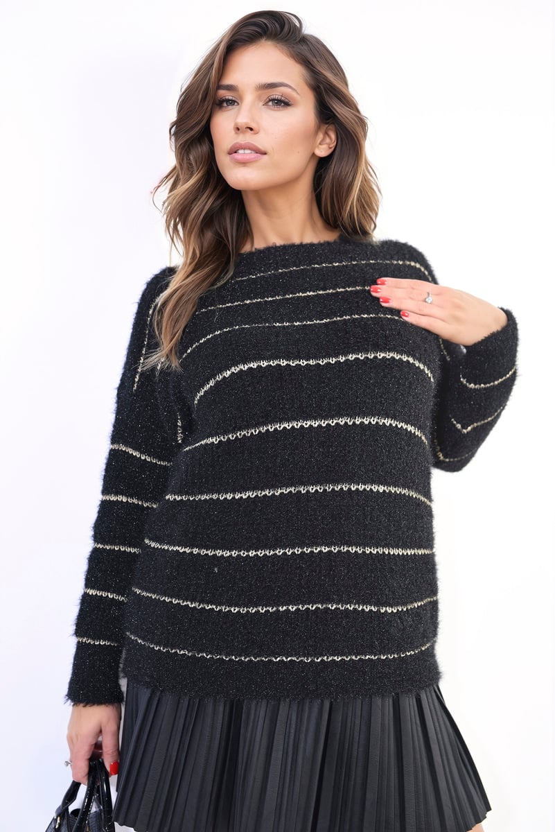 Striped Knitted Long Sleeve Jumper - LittleTay black / S/M Moda Jumpers & Cardigans