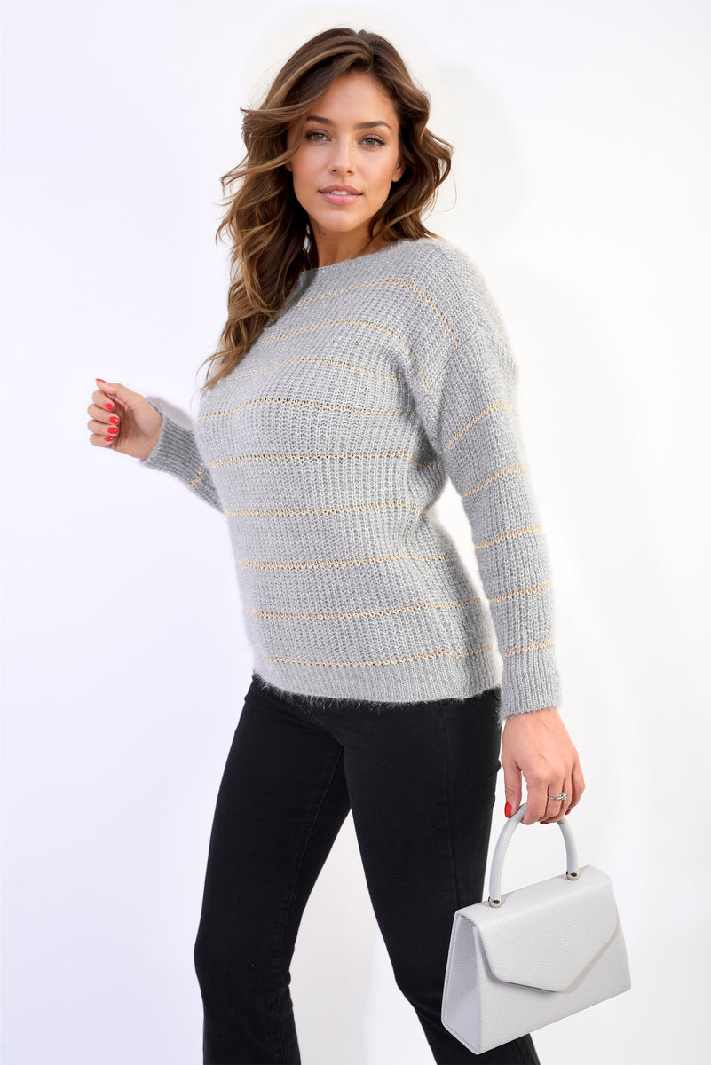 Striped Knitted Long Sleeve Jumper - LittleTay Grey / M/L Moda Jumpers & Cardigans