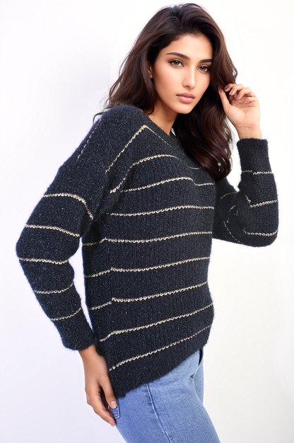 Striped Knitted Long Sleeve Jumper - LittleTay navy / M/L Moda Jumpers & Cardigans