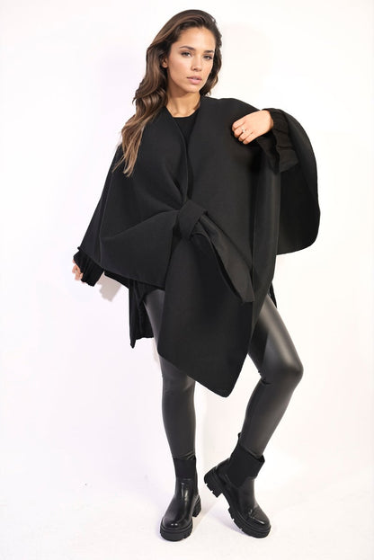 Solid Batwing Sleeve Crossover Cape Coat