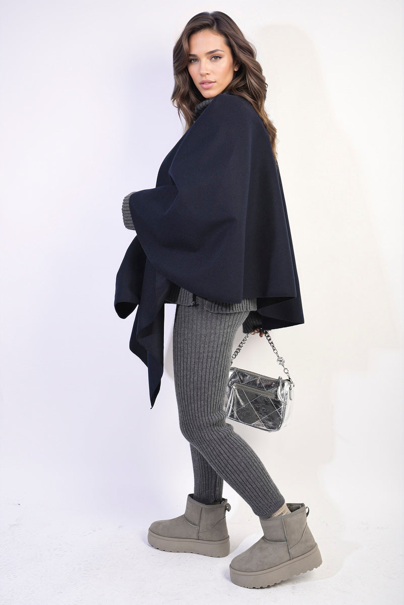 Solid Batwing Sleeve Crossover Cape Coat