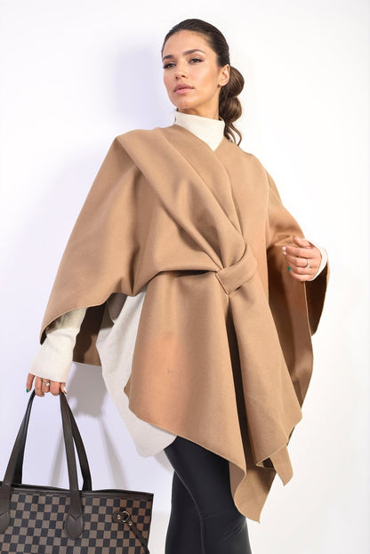 Solid Batwing Sleeve Crossover Cape Coat