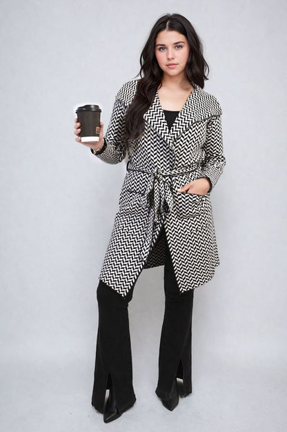 Check Print Full Sleeve Notched Lapel Collar Neck Belted Coat