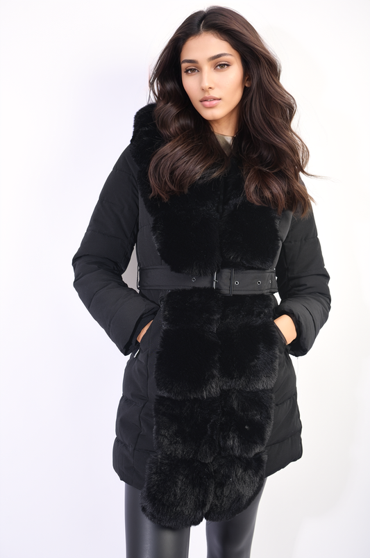 Padded Faux Fur Trim Longline Coat - LittleTay Moda Coat