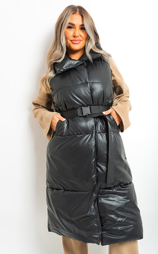 black / L Belted Long Puffer Gilet Coat - LittleTay Moda