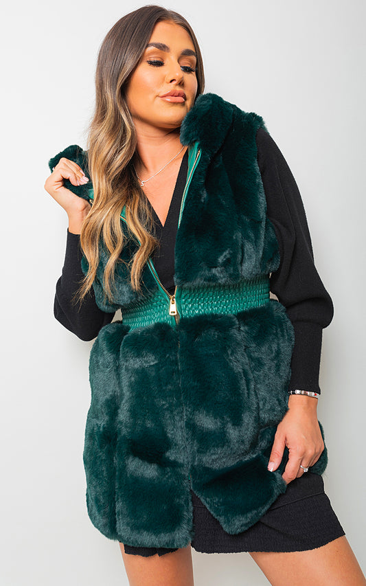 GREEN / M/L Faux Fur Zip Up Gilet Coat - LittleTay Moda Dropship