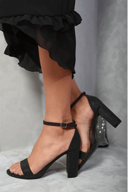 Detail Glitter Ankle Strap Block High Heels