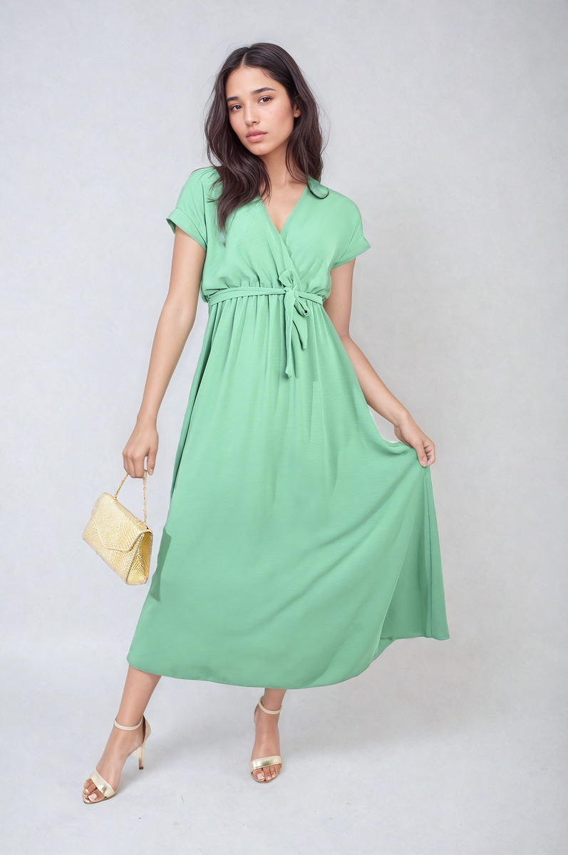 Wrap Tie Waist Short Sleeve Midi Dress - LittleTay