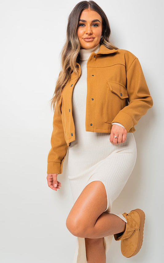 Cropped Long Sleeve Collared Jacket with Pockets Jacket - LittleTay Moda