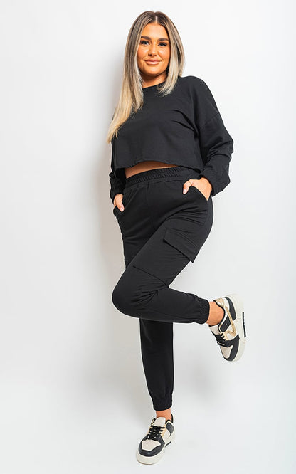 black / S/M Cropped Long Sleeve Top and Cargo Joggers Co-ordinates - LittleTay Moda