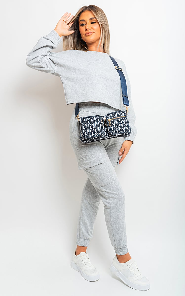 Grey / M/L Cropped Long Sleeve Top and Cargo Joggers Co-ordinates - LittleTay Moda