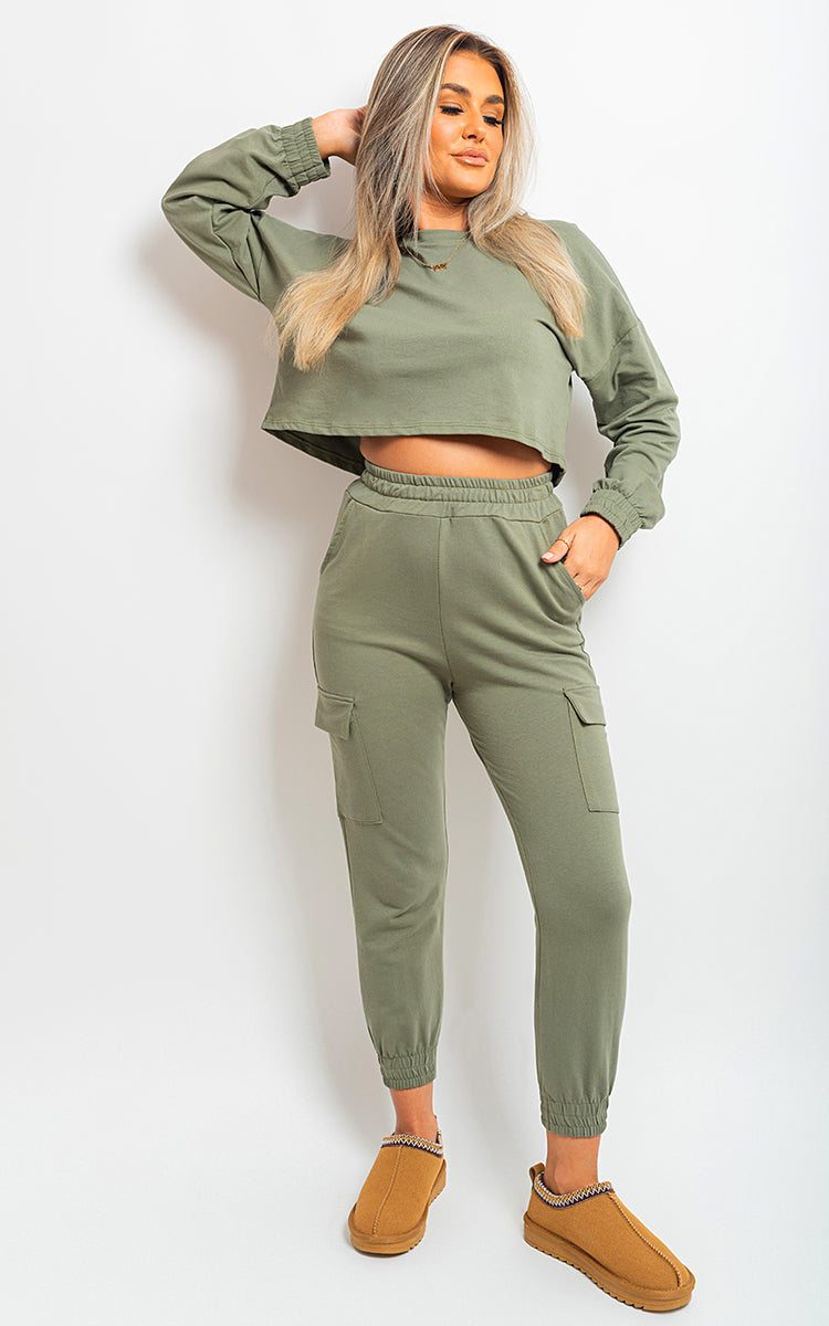 KHAKI / S/M Cropped Long Sleeve Top and Cargo Joggers Co-ordinates - LittleTay Moda