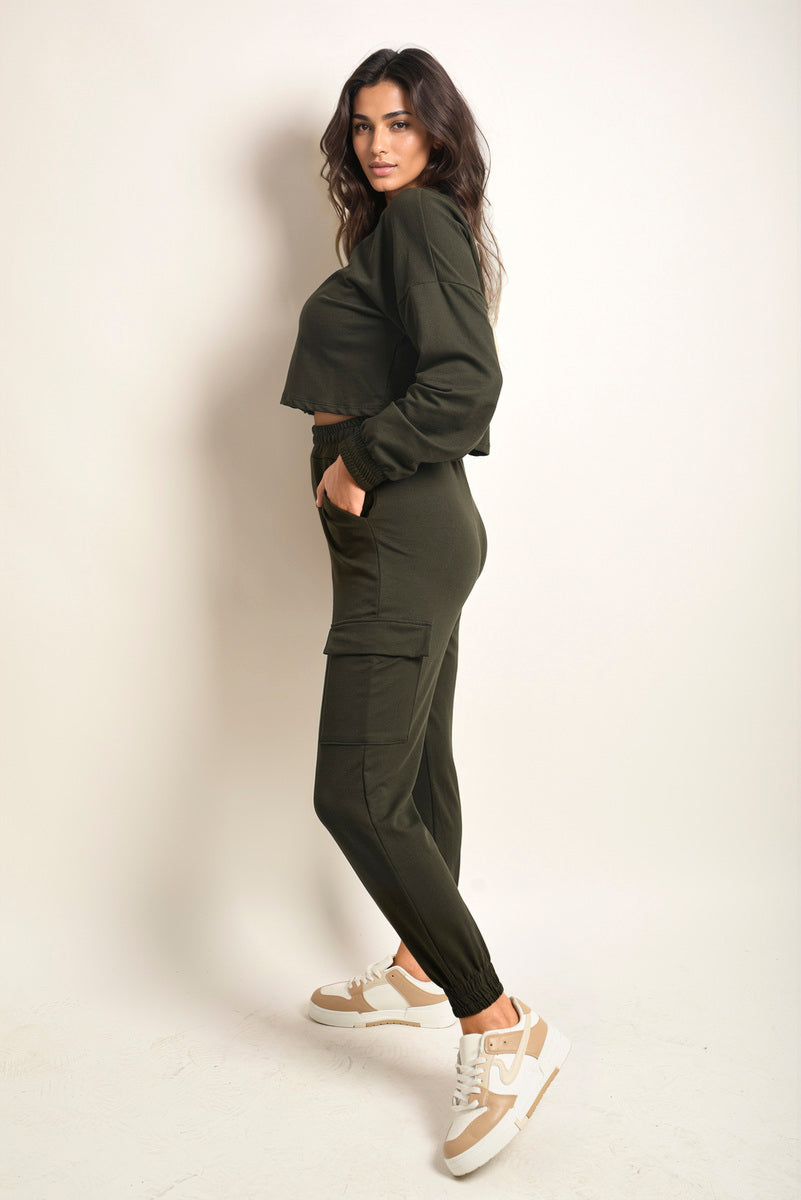 Dark Green / M/L Cropped Long Sleeve Top and Cargo Joggers Co-ordinates - LittleTay Moda