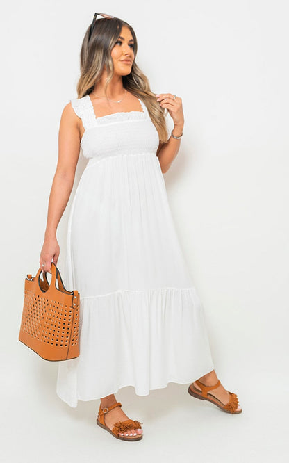 Wide Ruffle Strap Smocked Maxi Dress