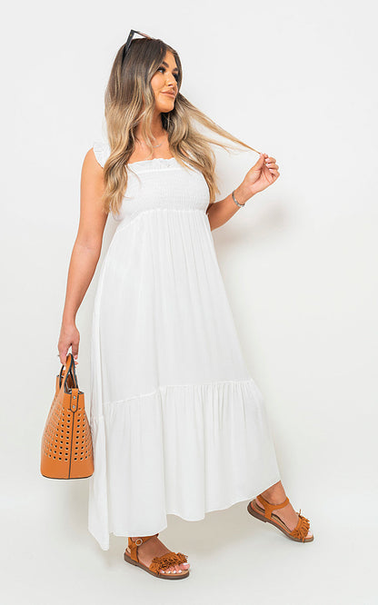 Wide Ruffle Strap Smocked Maxi Dress