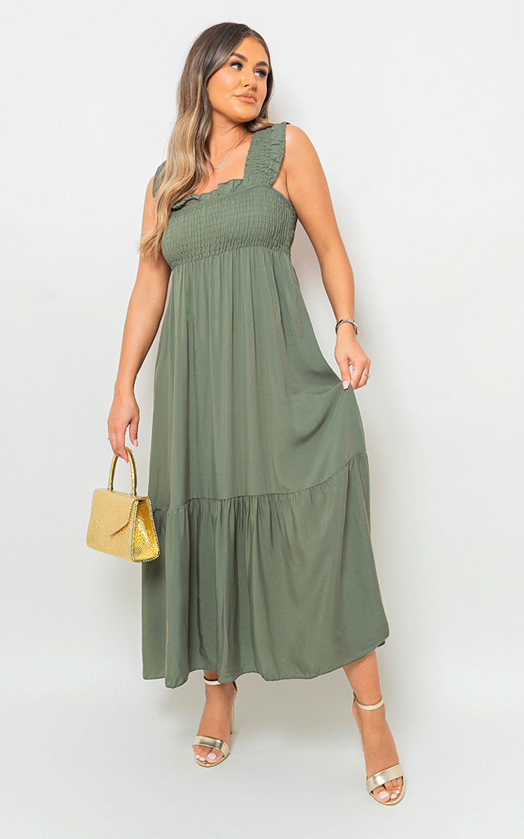 Wide Ruffle Strap Smocked Maxi Dress