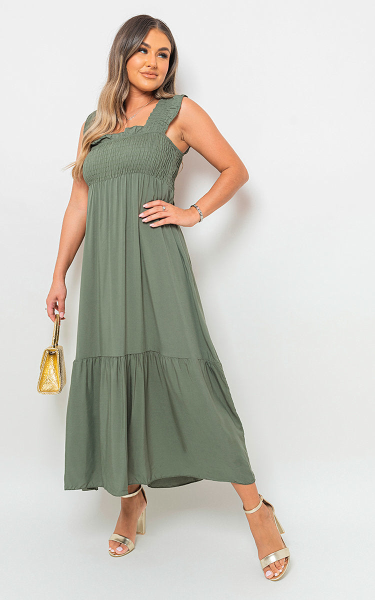 Wide Ruffle Strap Smocked Maxi Dress