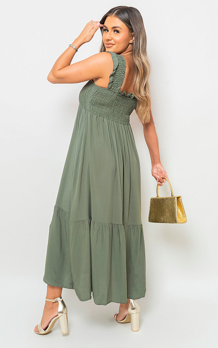 Wide Ruffle Strap Smocked Maxi Dress