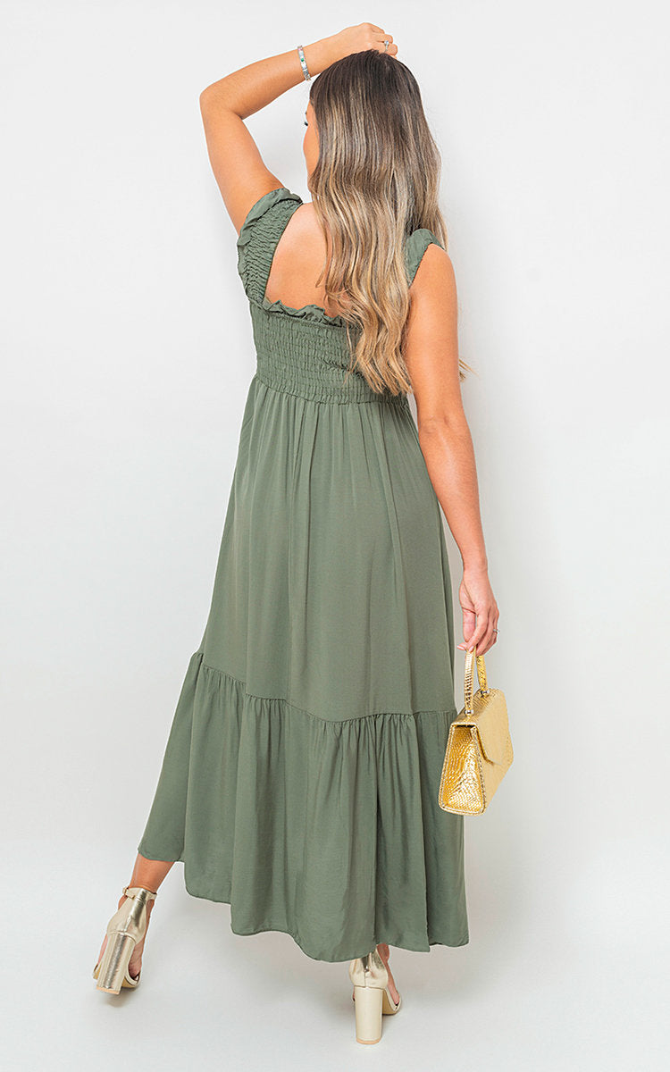 Wide Ruffle Strap Smocked Maxi Dress