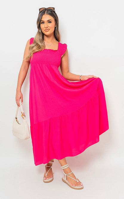 Wide Ruffle Strap Smocked Maxi Dress