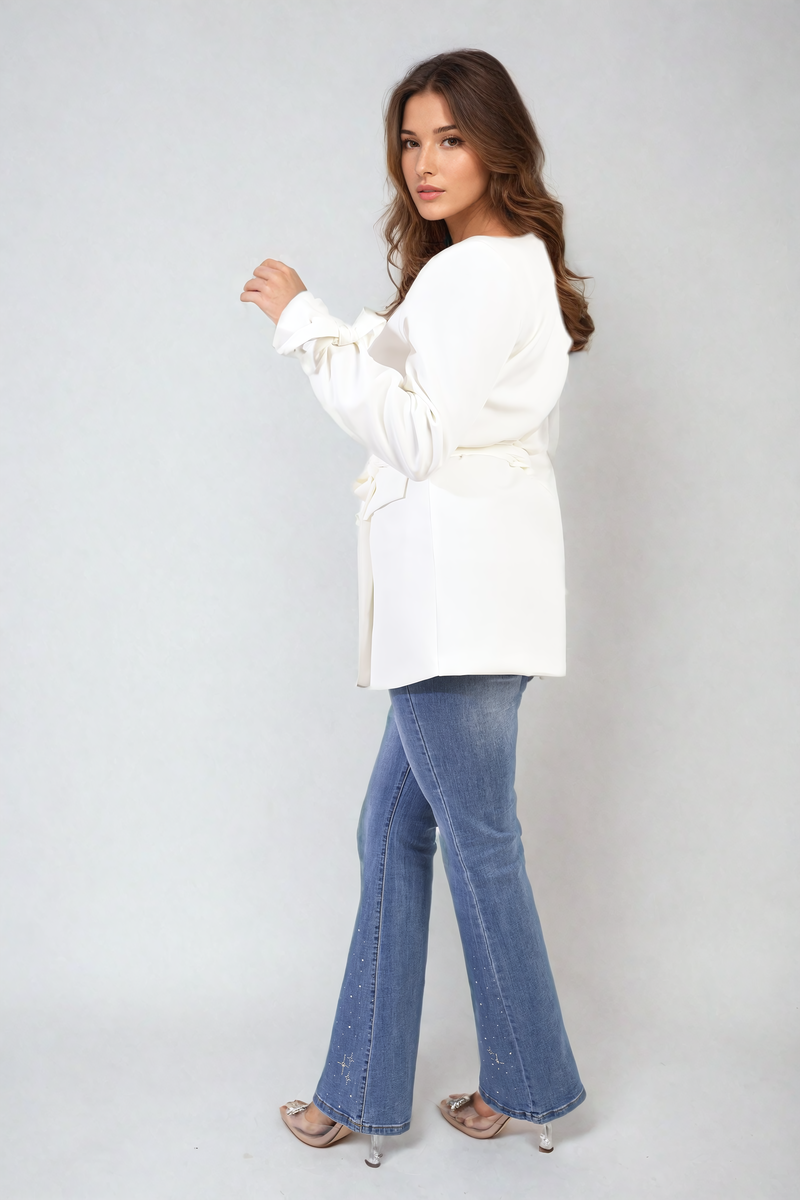 Collared Long Sleeve V-Neck Belted Blazer Jacket Jacket - LittleTay Moda Dropship