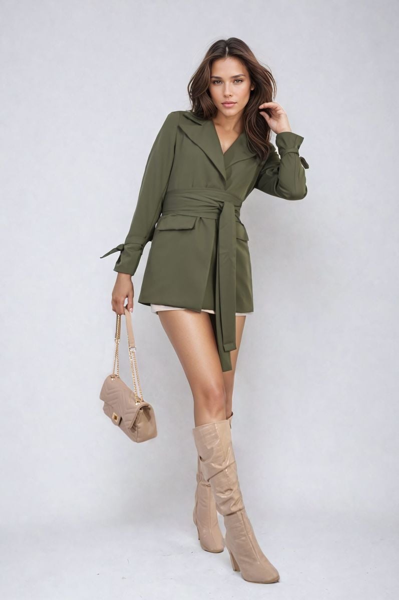 Khaki / M/L Collared Long Sleeve V-Neck Belted Blazer Jacket Jacket - LittleTay Moda Dropship