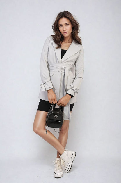 grey / L/XL Collared Long Sleeve V-Neck Belted Blazer Jacket Jacket - LittleTay Moda Dropship