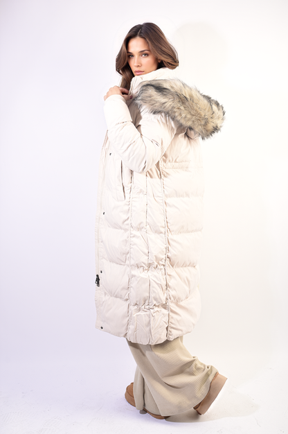 BEIGE / S Longline Faux Fur Hooded Puffer Jacket Coat - LittleTay Moda Dropship