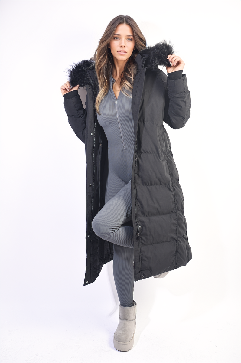 black / XL Longline Faux Fur Hooded Puffer Jacket Coat - LittleTay Moda Dropship