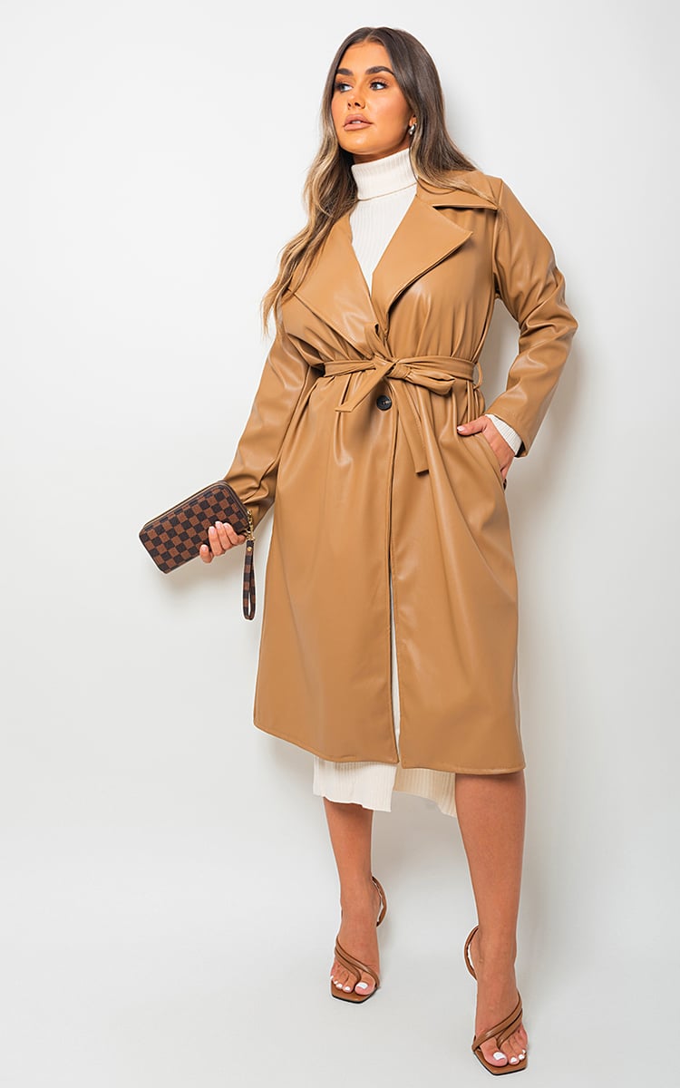 CAMEL / M/L Longline Belted Trench Coat Coat - LittleTay Moda Dropship