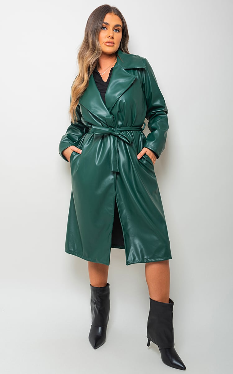 GREEN / S/M Longline Belted Trench Coat Coat - LittleTay Moda Dropship