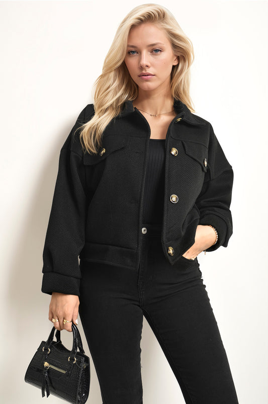 Flap Pocket Long Sleeve Crop Jacket Jacket - LittleTay Moda Dropship