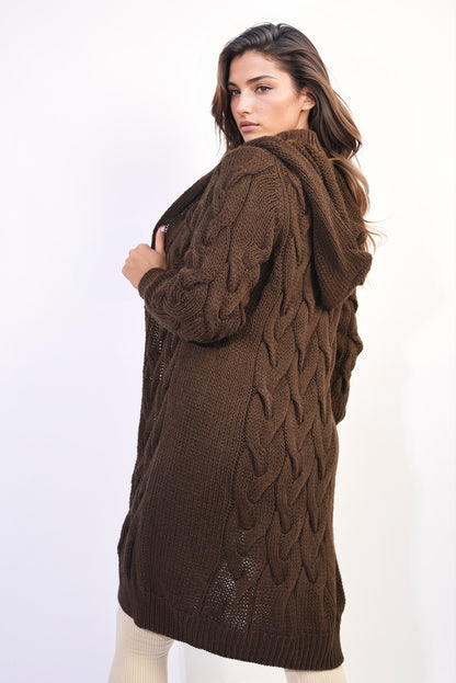 Chunky Cable Knitted Oversized Longline Hooded Cardigan Jumpers & Cardigans - LittleTay Moda Dropship