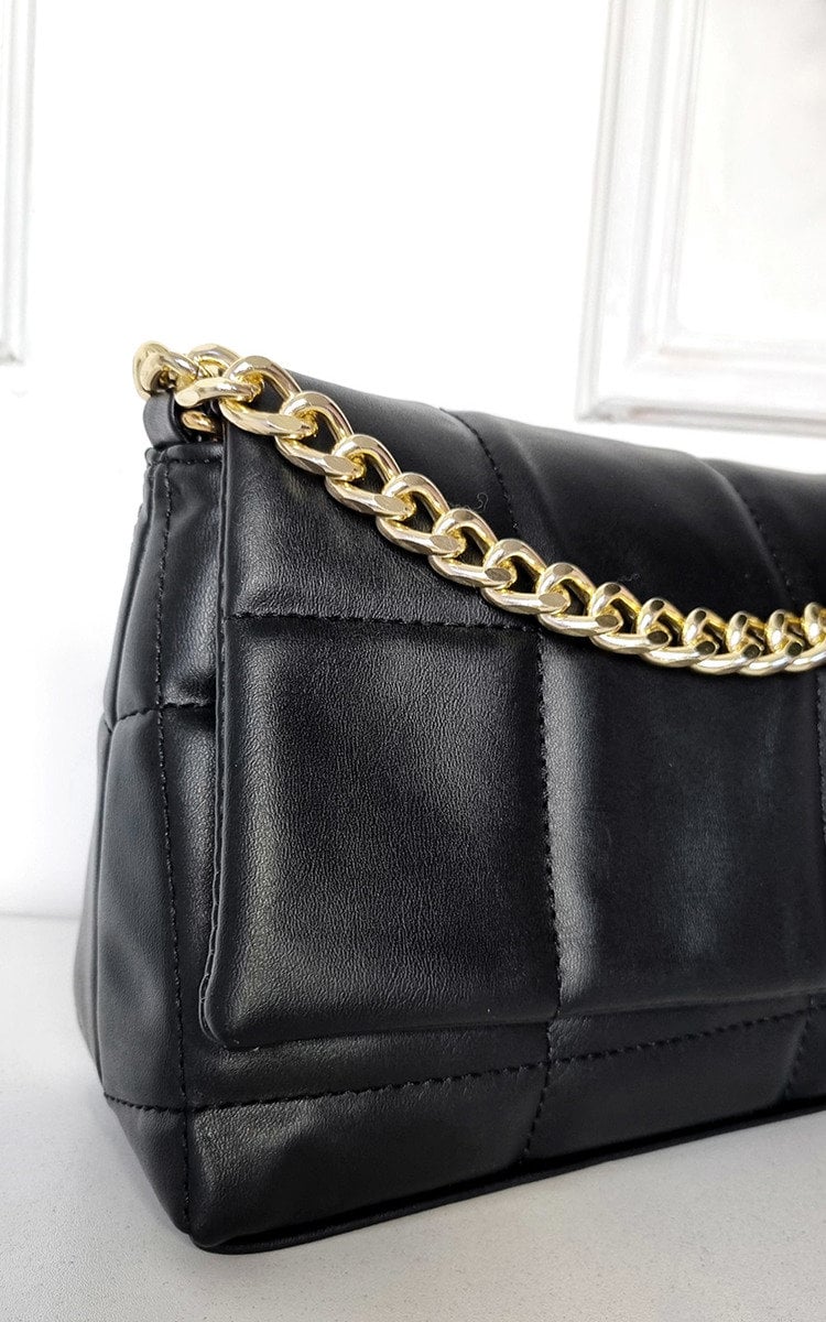 Black / 1SZE Faux Leather Padded Handbag with Chain Detail Handbag - LittleTay Moda