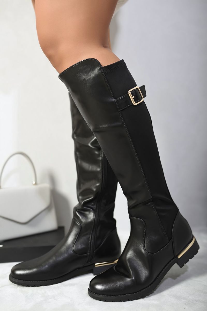 Gold Detail Buckle Knee High Boots