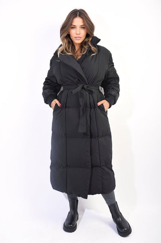 black / M/L Long Belted Puffer Coat Coat - LittleTay Moda