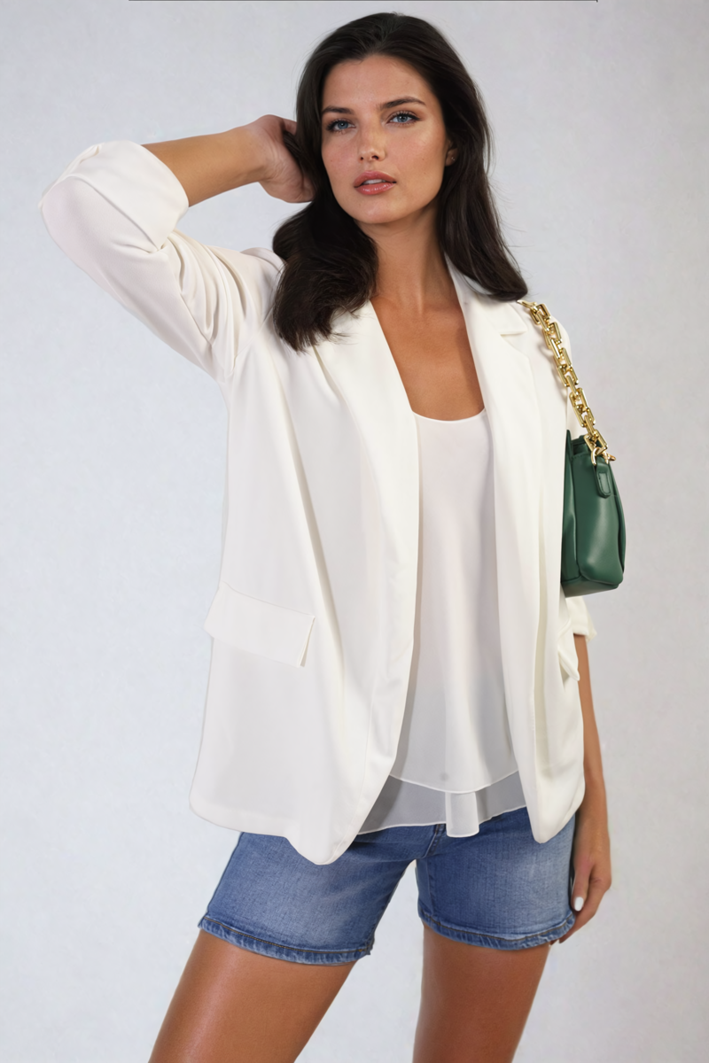 White / M/L Longline Open Front Blazer Jacket with Front Pockets Jacket - LittleTay Moda