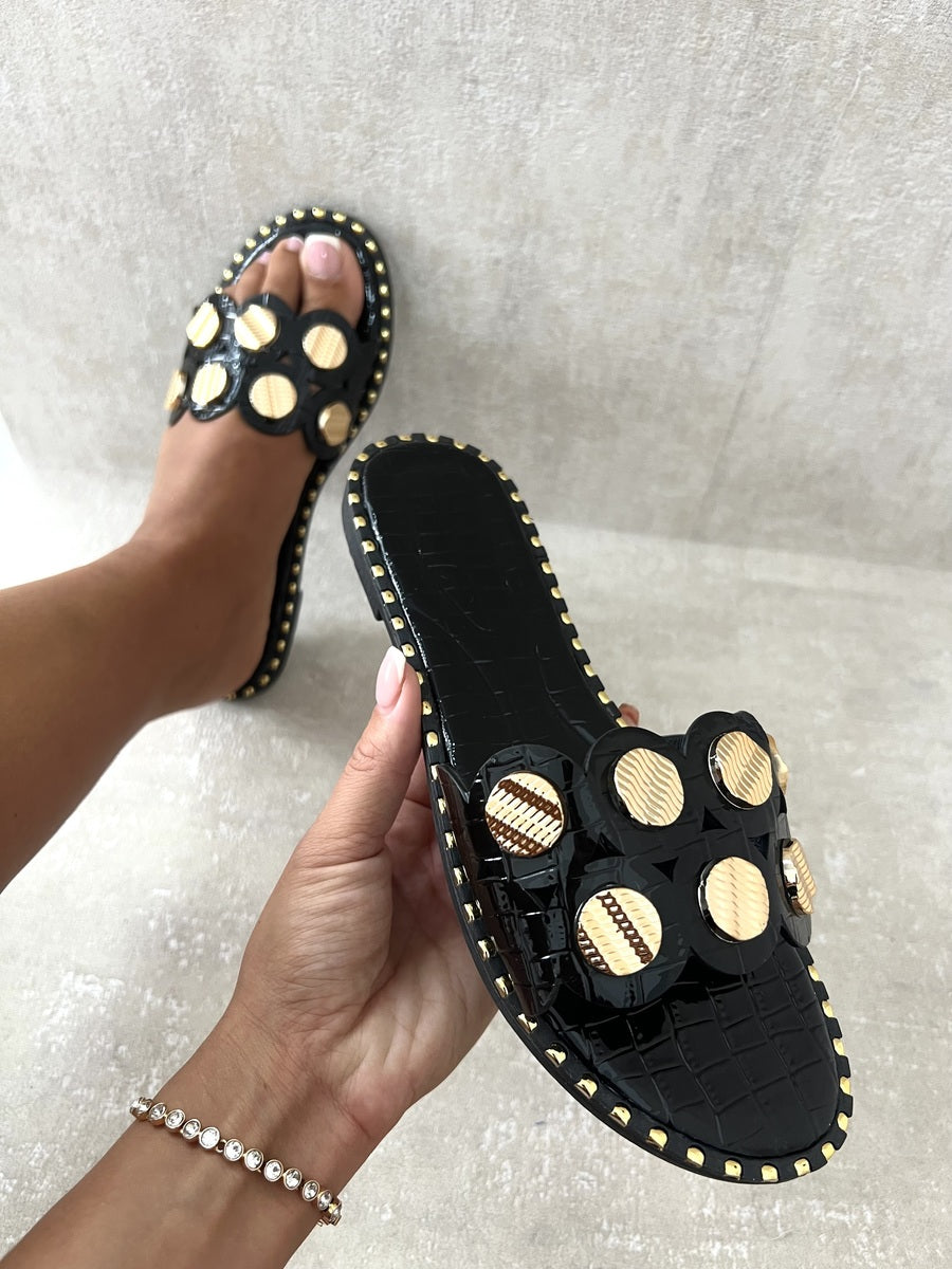 Studded Strap Flat Sandals - LittleTay Black / 8 Moda Shoes