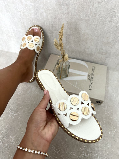 Studded Strap Flat Sandals - LittleTay White / 8 Moda Shoes