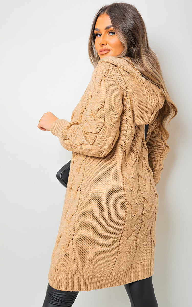 Chunky Cable Knitted Oversized Longline Hooded Cardigan Jumpers & Cardigans - LittleTay Moda Dropship