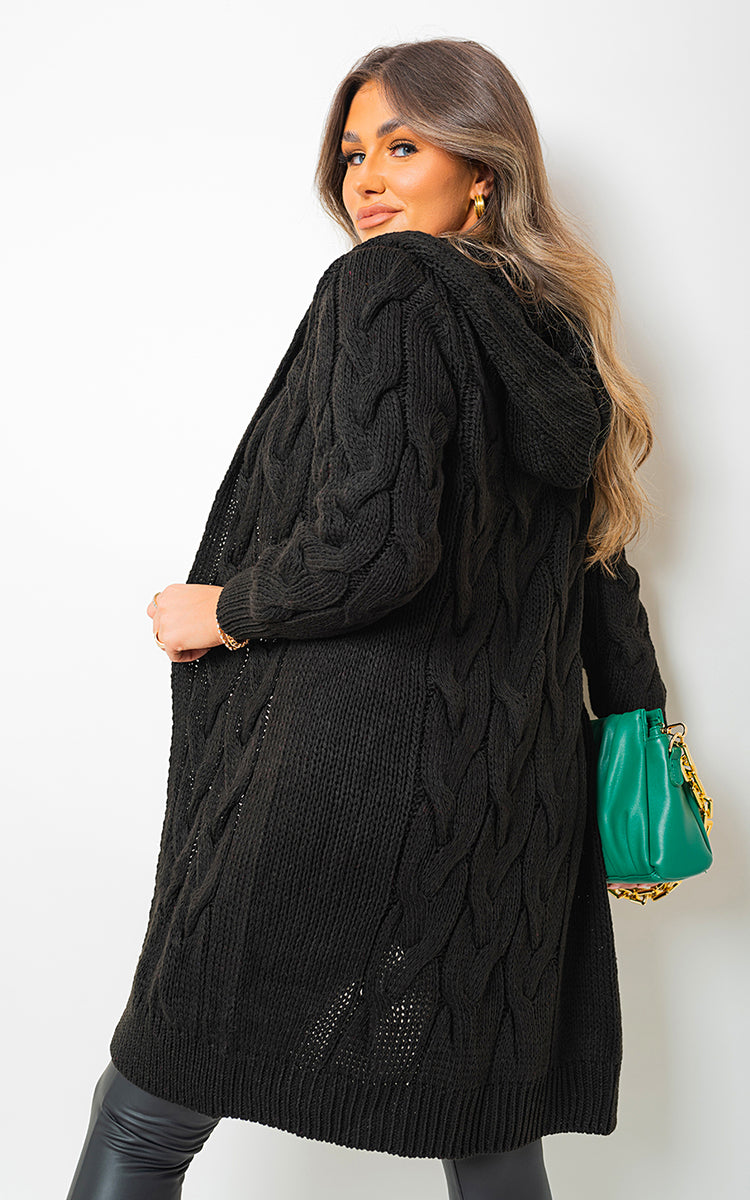 Chunky Cable Knitted Oversized Longline Hooded Cardigan Jumpers & Cardigans - LittleTay Moda Dropship