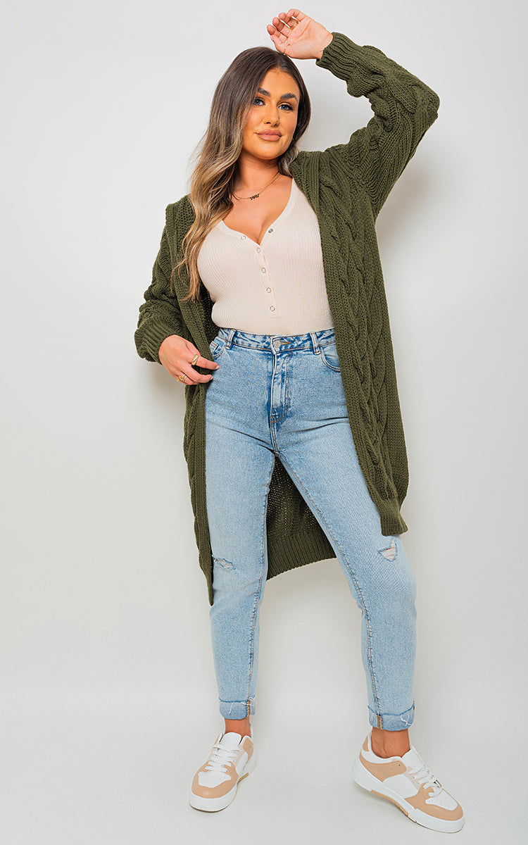 KHAKI / S/M Chunky Cable Knitted Oversized Longline Hooded Cardigan Jumpers & Cardigans - LittleTay Moda Dropship