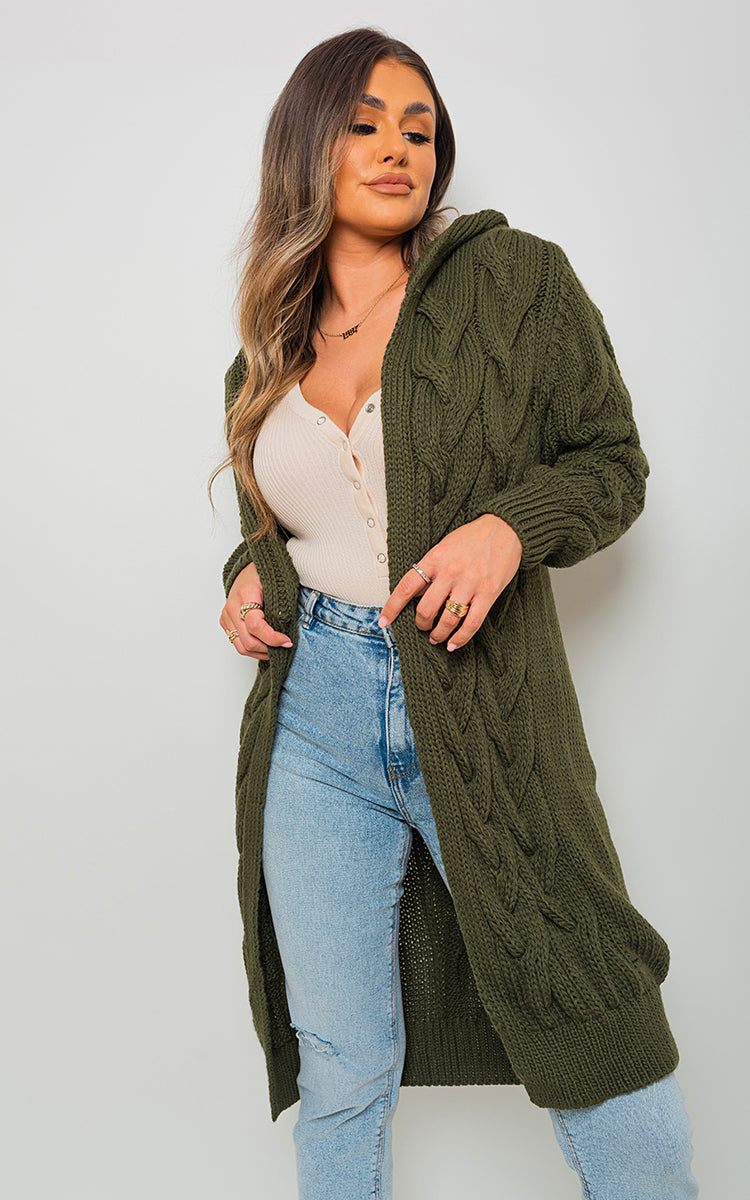 Chunky Cable Knitted Oversized Longline Hooded Cardigan Jumpers & Cardigans - LittleTay Moda Dropship