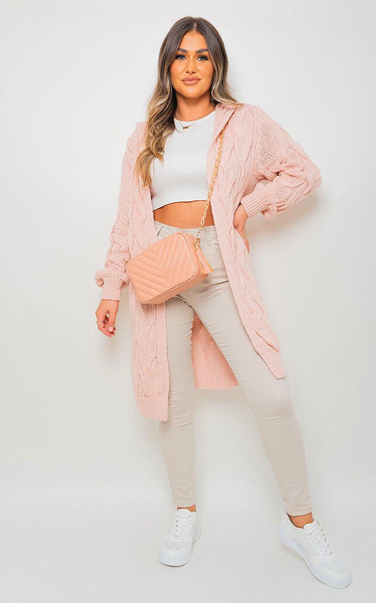 ROSE / M/L Chunky Cable Knitted Oversized Longline Hooded Cardigan Jumpers & Cardigans - LittleTay Moda Dropship