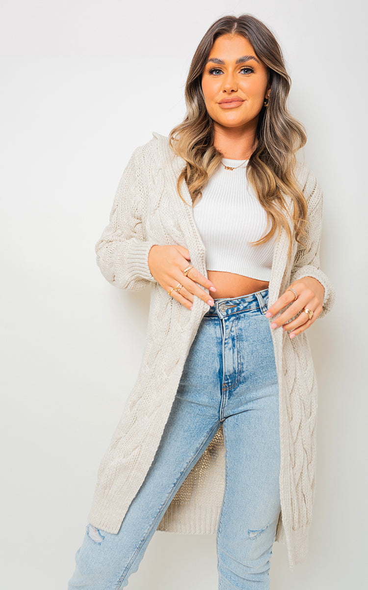 Chunky Cable Knitted Oversized Longline Hooded Cardigan Jumpers & Cardigans - LittleTay Moda Dropship