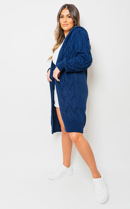 navy / S/M Chunky Cable Knitted Oversized Longline Hooded Cardigan Jumpers & Cardigans - LittleTay Moda Dropship