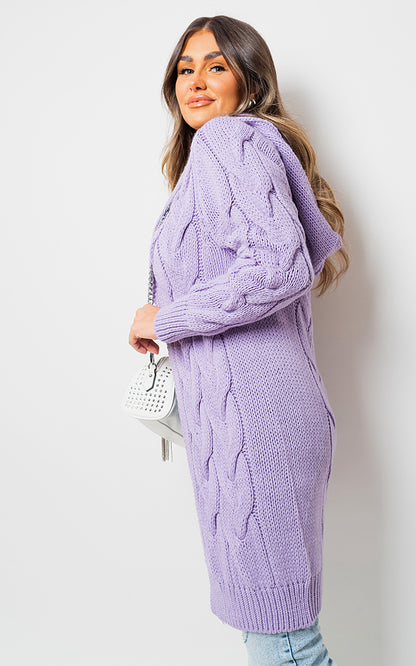 LILAC / S/M Chunky Cable Knitted Oversized Longline Hooded Cardigan Jumpers & Cardigans - LittleTay Moda Dropship