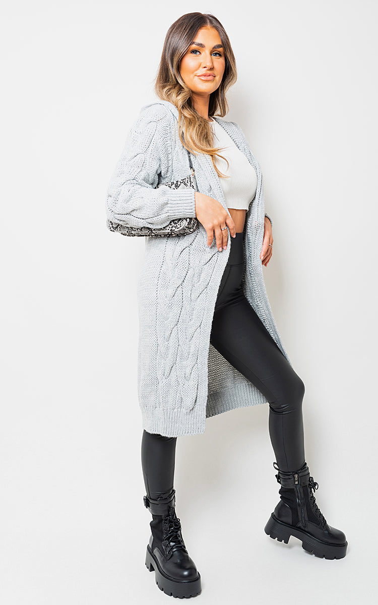 Grey / M/L Chunky Cable Knitted Oversized Longline Hooded Cardigan Jumpers & Cardigans - LittleTay Moda Dropship