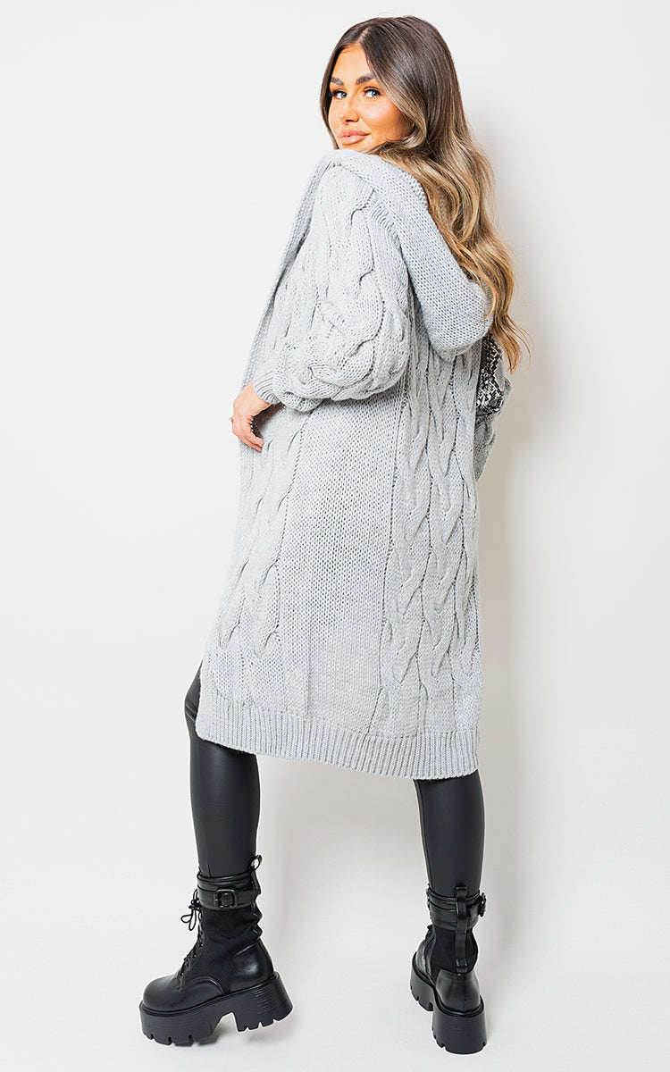 Chunky Cable Knitted Oversized Longline Hooded Cardigan Jumpers & Cardigans - LittleTay Moda Dropship