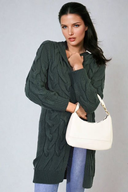 D.Green / M/L Chunky Cable Knitted Oversized Longline Hooded Cardigan Jumpers & Cardigans - LittleTay Moda Dropship